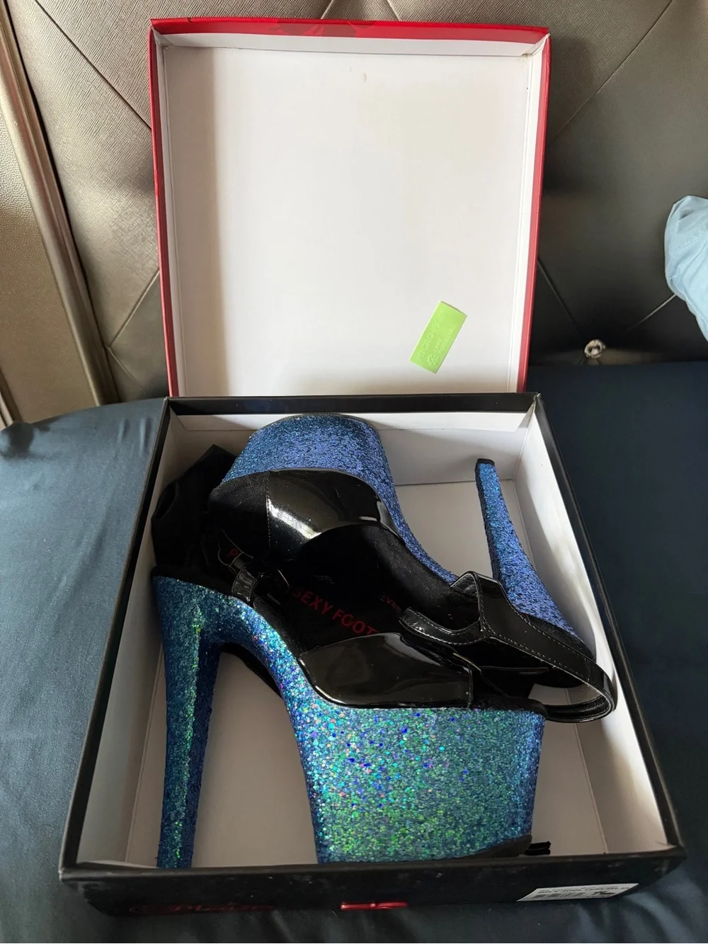Pleaser Blue Glitter Platform Sky Sandal with Black Patent Straps